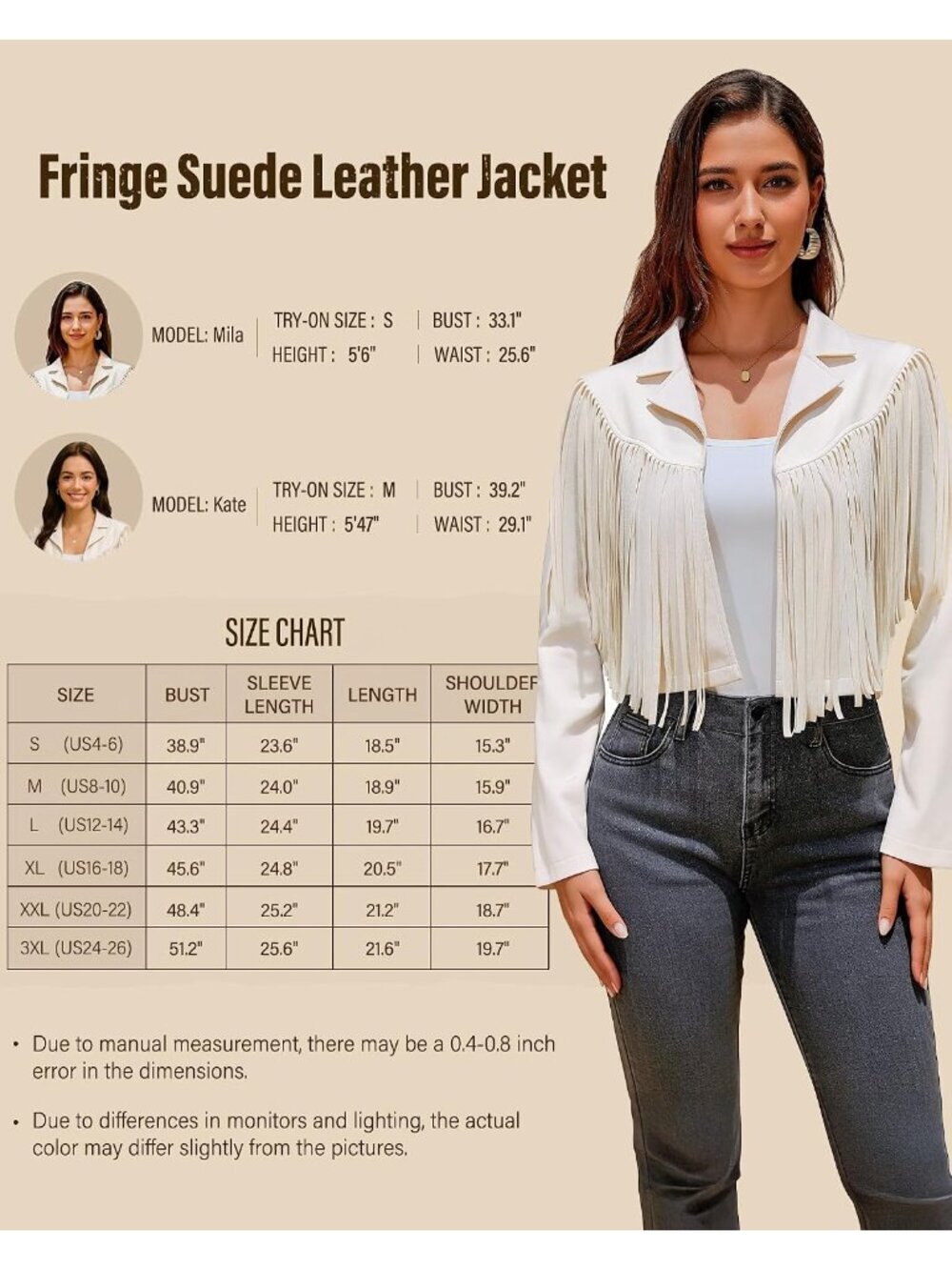Women's Beige Fringe Faux Suede Leather Jackets Fashion Fall Western Tassel - Picture 6 of 6